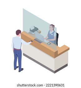 Man giving passport to bank cashier in cash department 3d isometric vector illustration