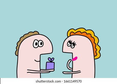 Man giving present to his girlfriend hand drawn vector illustration in cartoon comic style couple together