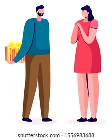 Man giving present on anniversary. Boyfriend making surprise for girlfriend on special date. Excited female character waiting to open gift. Celebration of holidays in pair vector in flat style