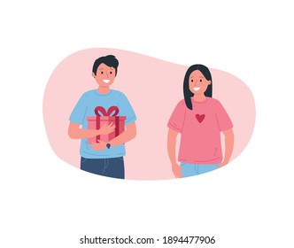 Man giving present to a woman. Romantic relationships. Valentines day. Love concept. Flat vector illustration.