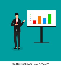 a man is giving a presentation. Businessman strategy infographic in project. Seminar vector concept