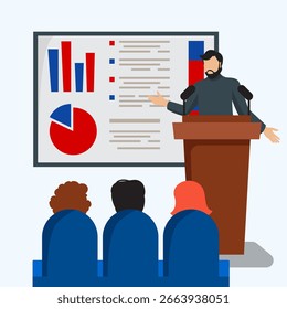 Um homem fazendo uma apresentação com gráficos em uma tela grande, falando no pódio em frente ao público. Conceito de relatórios comerciais, público e análise de dados.