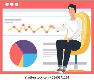 Man is giving presentation flat vector illustration. Guy presenting project. Office worker is sitting near whiteboard with graphs diagrams and studying it. Businessman is working with a graph