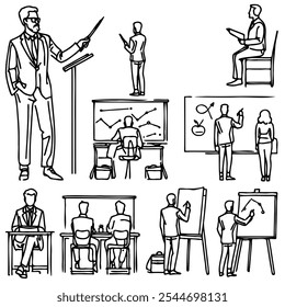 A man is giving a presentation in front of a white board. A woman is drawing on the board. A man is sitting in a chair