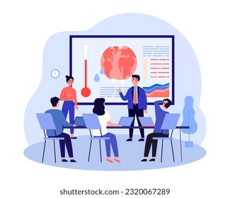 Mann, der auf der Konferenz über die Erderwärmung Vortrag hält. Verärgerte Büroangestellte, die über die hohe Temperatur der Vektorgrafik des Planeten sprechen. Klimawandel, Umwelt, Umweltkonzept