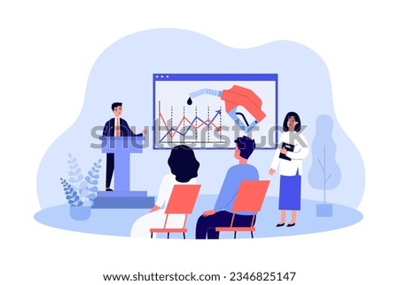Man giving presentation on oil prices vector illustration. Drawing of people talking about reduction of oil emissions and gas price stabilization conference. Economy, industry, fuel, finances concept