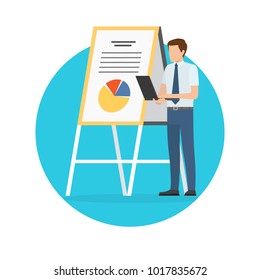 Man giving presentation, poster whiteboard and information, data and graphics and looking at laptop, businessman on presentation or conference, vector illustration