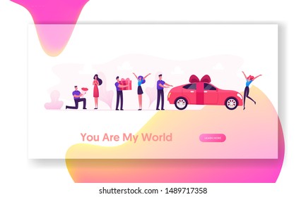 Man Giving Presents to Girl Website Landing Page. Woman Getting Car, Flower Bouquet and Gift Box Wrapped with Bow as Presents. Love Human Relations Web Page Banner. Cartoon Flat Vector Illustration
