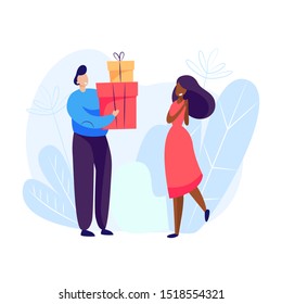 Man giving presents to woman. Holiday, generosity, joy. Giving concept. Vector illustration can be used for topics like love, family, friendship