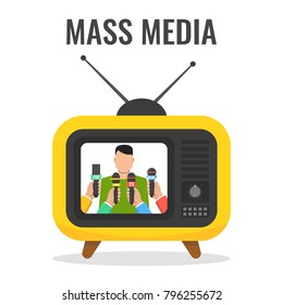 Man giving press conference on TV. Hands hold microphones. Mass media interview concept. Vector illustration.