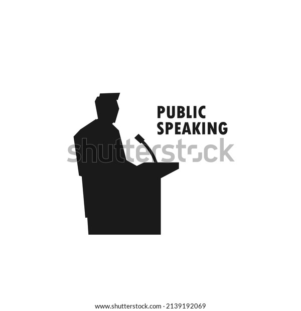 Man giving public speech on podium black\
vector silhouette\
illustration.