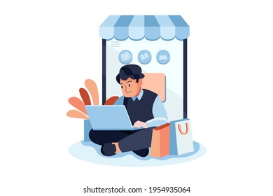 Man giving rating and review of delivery items while sitting on the desk and working on laptop Illustration concept. Flat illustration isolated on white background.