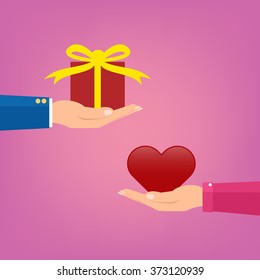 Man giving a red gift box to woman couple and woman giving love red heart on pink color. Vector illustration conceptual of love giving in valentine day.