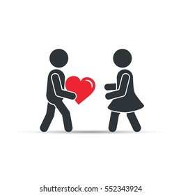 Man giving red heart love to woman icon, vector simple love illustration.