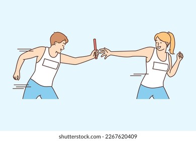 Man giving relay race to woman competing in team sport doing timed exercise. Guy and girl participate in relay race together trying to beat rivals from fitness club 