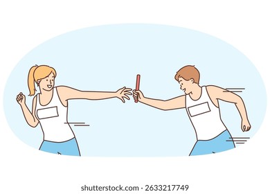 Man giving relay race to woman competing in team sport doing timed exercise. Guy and girl participate in relay race together trying to beat rivals from fitness club