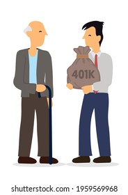 Man Giving Retirement Fund To Old Man. Concept Of Retirement Mutual Fund, 401k Or Roth IRA Savings For Happy Life After Retire And Financial Freedom. Rich Senior Elderly Man. Vector Illustration.