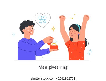 Man giving ring. Guy proposes to his girlfriend, character calls for marriage. Young family, happy people. Decoration, wedding