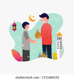 a man giving sadaqa to poor people flat vector cartoon illustration ramadhan kareem
