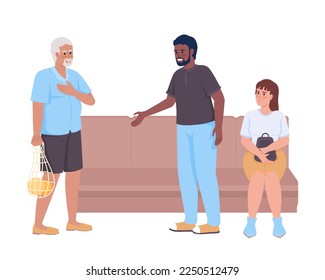 Man giving up seat to elderly citizen semi flat color vector characters. Editable figures. Full body people on white. Simple cartoon style illustration for web graphic design and animation