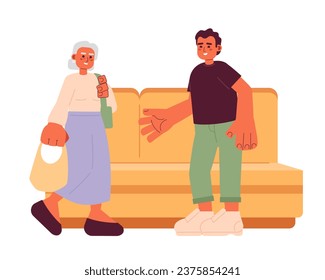 Man giving up seat to senior woman 2D cartoon characters. Offering train seat to elderly on public transport isolated vector people white background. Good manners color flat spot illustration