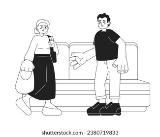 Man giving up seat to senior woman black and white 2D cartoon characters. Offering train seat to elderly on transport isolated vector outline people. Good manners monochromatic flat spot illustration