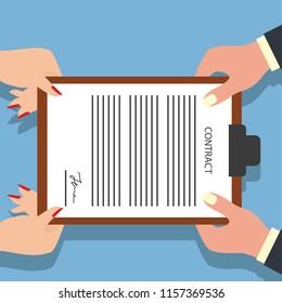 man giving signed contract form to woman. vector illustration