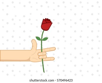 man giving single red rose with hand doing love sign. this love sign is famous in Asia. detailed outline design on daydream background