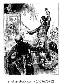 A man giving speech to crowd in church, vintage line drawing or engraving illustration