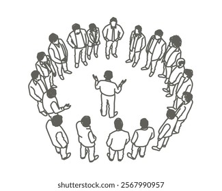 The man is giving a speech to the group, top view. Hand drawn vector illustration. Black and white.