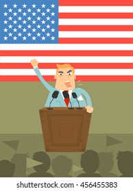 the man giving a speech on stage. american flag on background