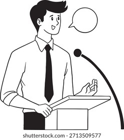Hombre dando un discurso o presentación en un podio con un micrófono y una burbuja de discurso en blanco. Orador o presentador masculino hablando y gesticulando con las manos. Dibujado a mano línea ilustración de arte para el público