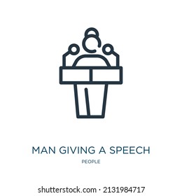 hombre dando un icono de línea delgada de voz. persona, man iconos lineales del símbolo de contorno aislado del concepto de personas. Elemento de símbolo de ilustración vectorial para diseño web y aplicaciones.