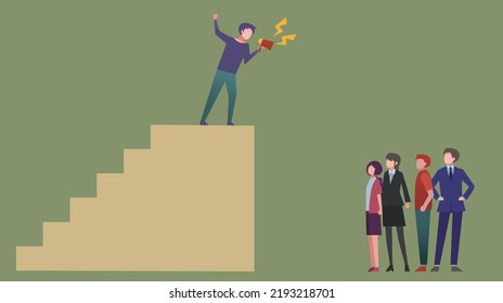 A man is giving a speech using a megaphone from a high place