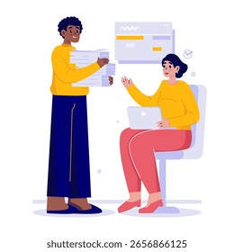 Um homem fornecendo uma pilha de documentos, Trabalho em equipe com relatório de tarefas, ilustração Vetor para ambiente de negócios de marketing de escritório