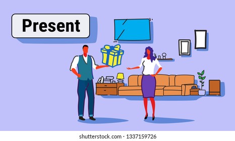 man giving surprise box present to woman holiday celebration concept happy couple in love modern apartment living room interior sketch doodle horizontal full length