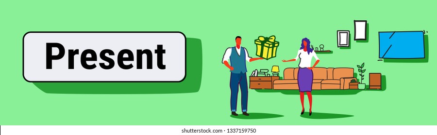 man giving surprise box present to woman holiday celebration concept happy couple in love modern apartment living room interior sketch doodle horizontal banner full length