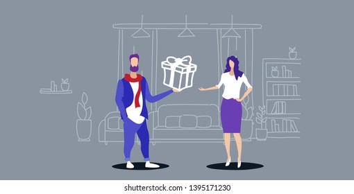 man giving surprise box present to woman holiday celebration concept happy couple in love modern apartment living room interior sketch doodle horizontal full length