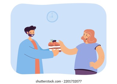 Hombre dándole un pedazo sorpresivo de torta a una mujer feliz. Personaje masculino con regalo dulce para la ilustración vectorial plana de la chica. Compartir comida, concepto de postre para banner, diseño de sitio web o página web de aterrizaje