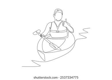 Man giving thumbs up on kayak on river. Kayak concept one-line drawing