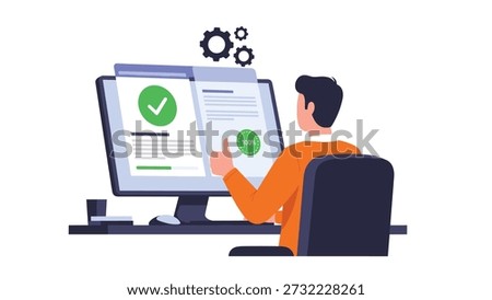 Man giving a thumbs-up while working on a computer with a successful report and a checkmark on the screen, representing business success, efficiency, and positive results.