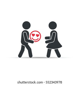 Man giving valentine smiley emoticon icon to woman, vector. Giving good mood concept illustration.