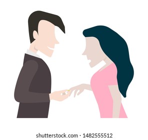 Man giving a wedding engagement ring to his girlfriend and puting it on her finger. Flat style vector illustration.