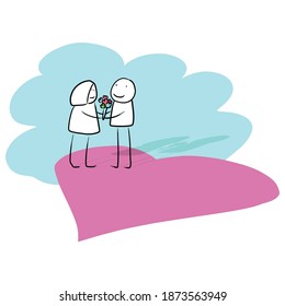 Man giving a woman a bouquet of flowers vector illustration doodle hand drawn with black lines isolated on white background.