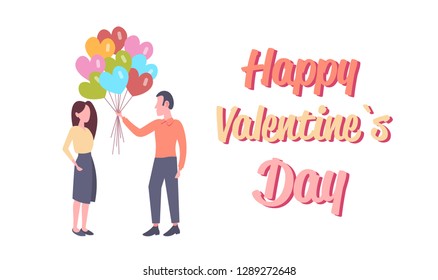 man giving woman colorful heart shape air balloons happy valentines day concept couple in love holiday surprise full length characters isolated greeting card horizontal flat
