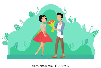 Man giving woman flower bouquet. Couple walking in park. Teenagers in love spending time together outdoors. Young people dating, gift for girlfriend