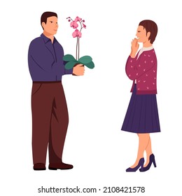 Man giving a woman a flower orchid in a pot. Girl in a skirt and high heels rejoices at the gift. Vector illustration in flat style, isolated on white background.