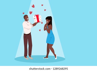 man giving woman gift box wrapped surprise happy valentines day holiday concept african american couple in love over heart shapes female male full length characters horizontal vector illustration