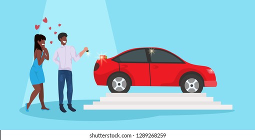man giving woman keys to new car happy valentines day holiday concept african american couple in love over red heart shapes female male full length characters horizontal flat