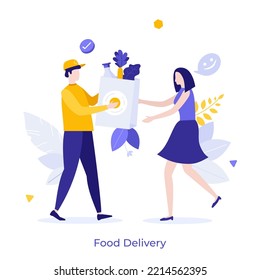 Man giving to woman paper bag full of food. Concept of express grocery store, supermarket or shop products delivery, customer service, e-commerce. Modern flat vector illustration for banner, poster.